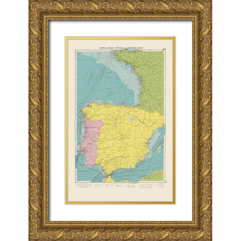 Western Ports France Spain Portugal - Hammond 1922 Gold Ornate Wood Framed Art Print with Double Matting by Hammond
