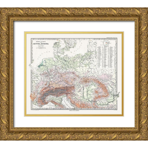 Central Europe Elevations- Stieler 1885 Gold Ornate Wood Framed Art Print with Double Matting by Stieler
