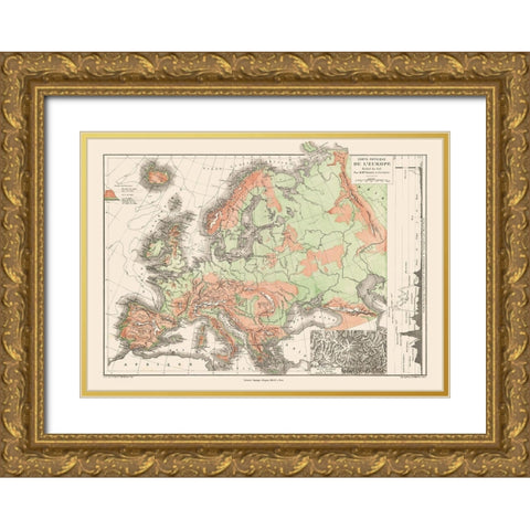 Physical Europe Terrain Floor - Drioux 1882 Gold Ornate Wood Framed Art Print with Double Matting by Drioux