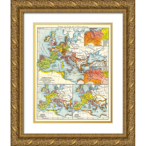 Europe End of Migrations - Putzgers 1897 Gold Ornate Wood Framed Art Print with Double Matting by Putzgers