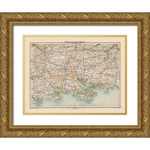 South England Wales - Bartholomew 1892 Gold Ornate Wood Framed Art Print with Double Matting by Bartholomew