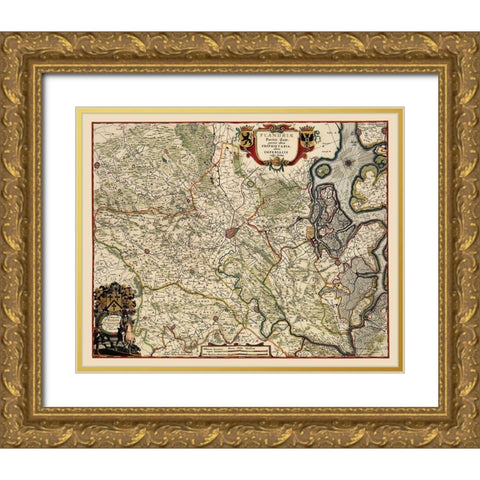 Benelux Flanders Belgium - Janssonius 1682 Gold Ornate Wood Framed Art Print with Double Matting by Janssonius