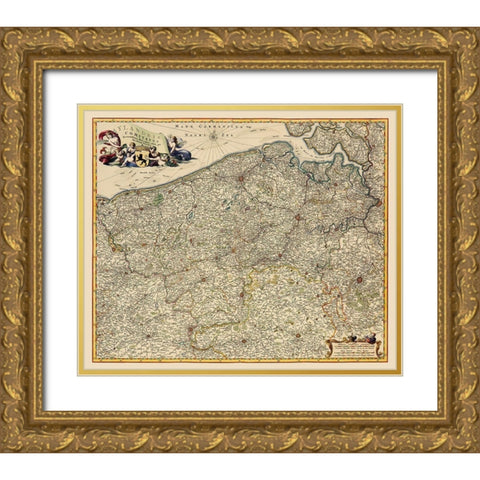 Benelux Flanders Belgium - Visscher 1680 Gold Ornate Wood Framed Art Print with Double Matting by Visscher