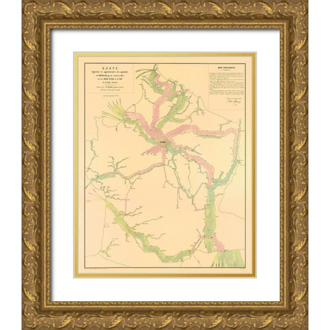 Paris France Transportation Routes - Regnier 1853 Gold Ornate Wood Framed Art Print with Double Matting by Regnier