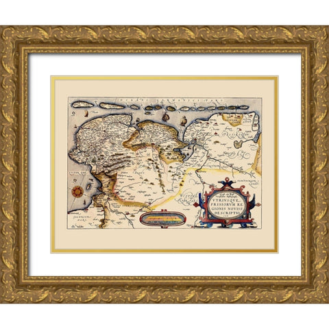 Friesland Area Netherlands - Ortelius 1574 Gold Ornate Wood Framed Art Print with Double Matting by Ortelius