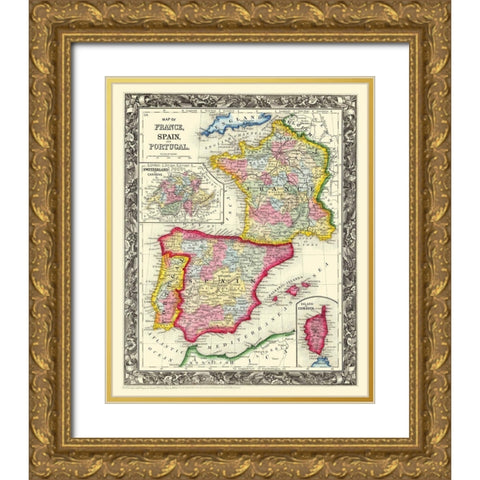 Europe France Spain Portugal - Mitchell 1860 Gold Ornate Wood Framed Art Print with Double Matting by Mitchell