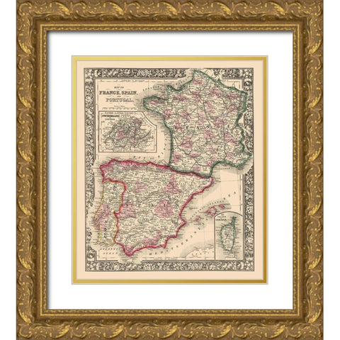 Europe France Spain Portugal - Mitchell 1862 Gold Ornate Wood Framed Art Print with Double Matting by Mitchell