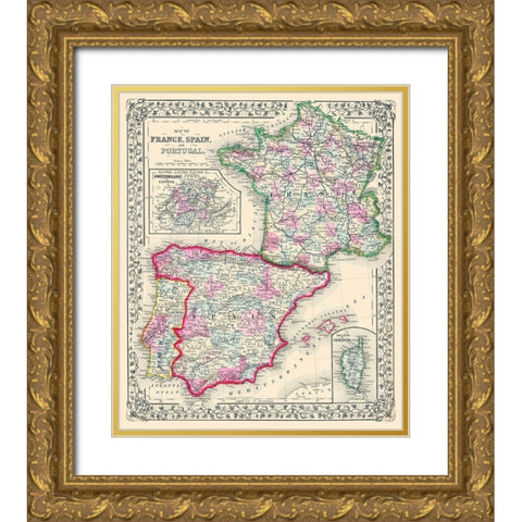 Europe France Spain Portugal - Mitchell 1864 Gold Ornate Wood Framed Art Print with Double Matting by Mitchell