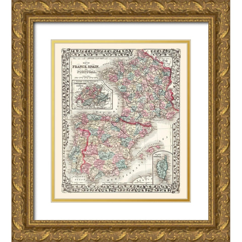 Europe France Spain Portugal - Mitchell 1867 Gold Ornate Wood Framed Art Print with Double Matting by Mitchell