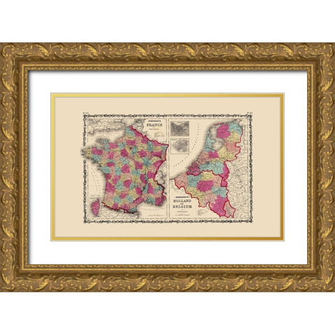 Europe France Holland Belgium - Johnson 1860 Gold Ornate Wood Framed Art Print with Double Matting by Johnson