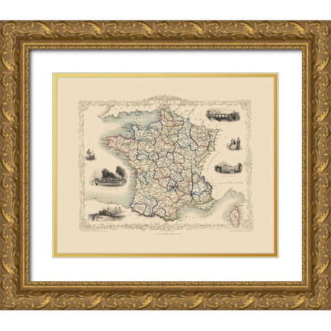 France - Tallis 1851 Gold Ornate Wood Framed Art Print with Double Matting by Tallis