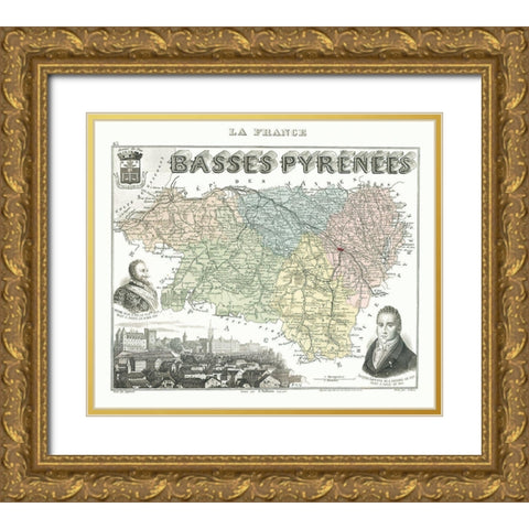 Basses Pyrenees Department France - Migeon 1869 Gold Ornate Wood Framed Art Print with Double Matting by Migeon