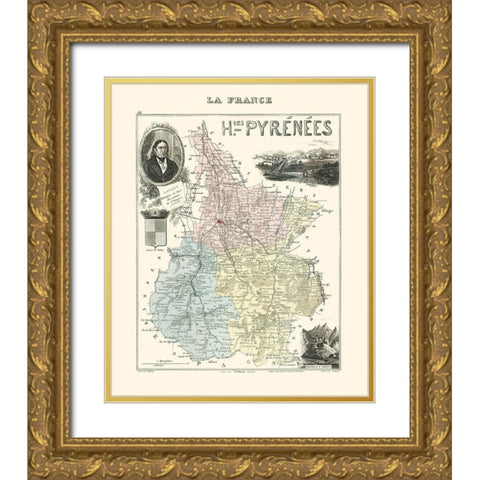 Hautes Pyrenees Department France - Migeon 1869 Gold Ornate Wood Framed Art Print with Double Matting by Migeon