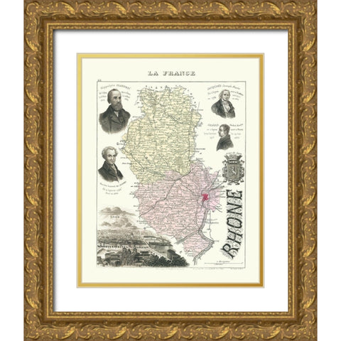 Rhone Department France - Migeon 1869 Gold Ornate Wood Framed Art Print with Double Matting by Migeon