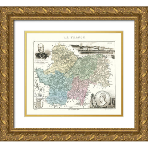 Saone et Loire Department France - Migeon 1869 Gold Ornate Wood Framed Art Print with Double Matting by Migeon