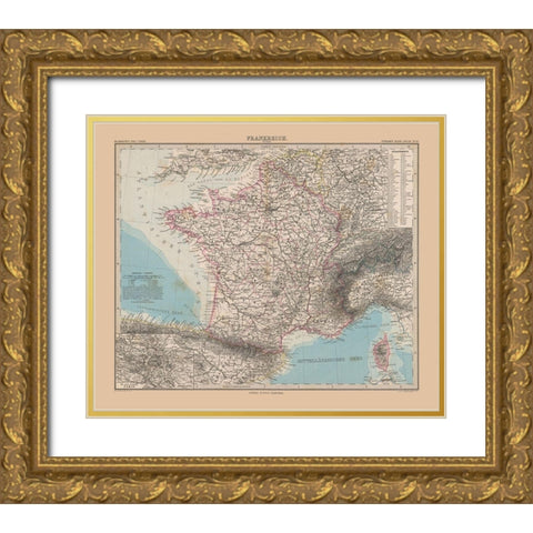 France - Stieler 1885 Gold Ornate Wood Framed Art Print with Double Matting by Stieler