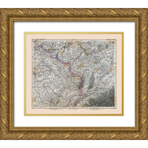 Northeastern France - Stieler 1885 Gold Ornate Wood Framed Art Print with Double Matting by Stieler