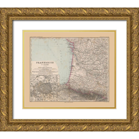 Southwestern France - Stieler 1885 Gold Ornate Wood Framed Art Print with Double Matting by Stieler