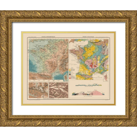 Hypsometric Geological France - Schrader 1908 Gold Ornate Wood Framed Art Print with Double Matting by Schrader