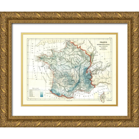 Rain Distribution France - Cortambert 1880 Gold Ornate Wood Framed Art Print with Double Matting by Cortambert