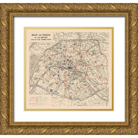 Metro Nord Sud Paris France - 1923 Gold Ornate Wood Framed Art Print with Double Matting by Unknown