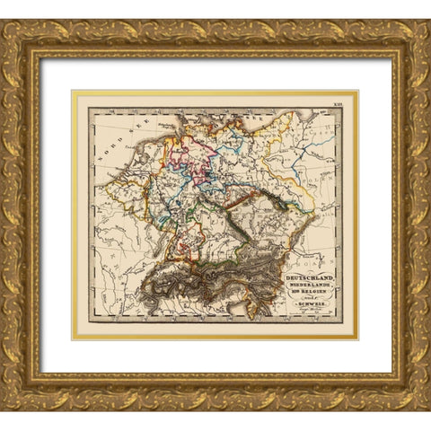 Germany Belgium Netherlands Switzerland Benelux Gold Ornate Wood Framed Art Print with Double Matting by Stieler