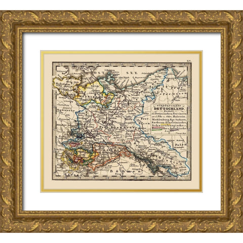 Europe Northern Germany - Stieler 1852 Gold Ornate Wood Framed Art Print with Double Matting by Stieler