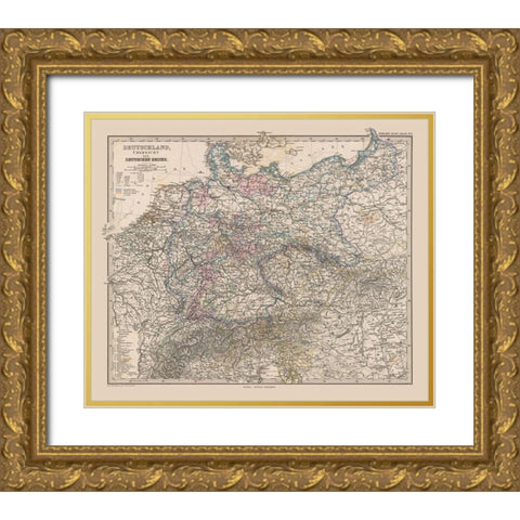 Overview Germany - Stieler 1885 Gold Ornate Wood Framed Art Print with Double Matting by Stieler