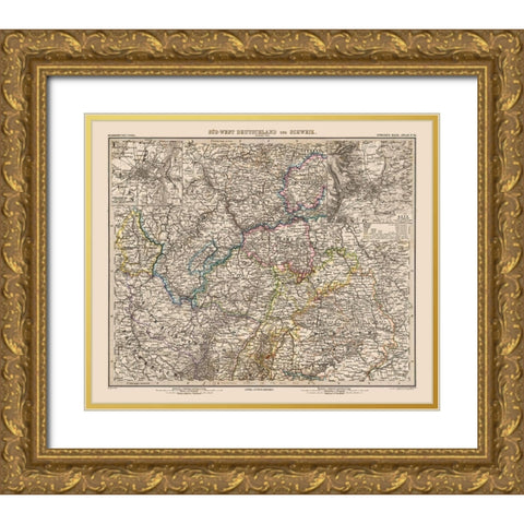Southwest Germany Switzerland - Stieler 1885 Gold Ornate Wood Framed Art Print with Double Matting by Stieler