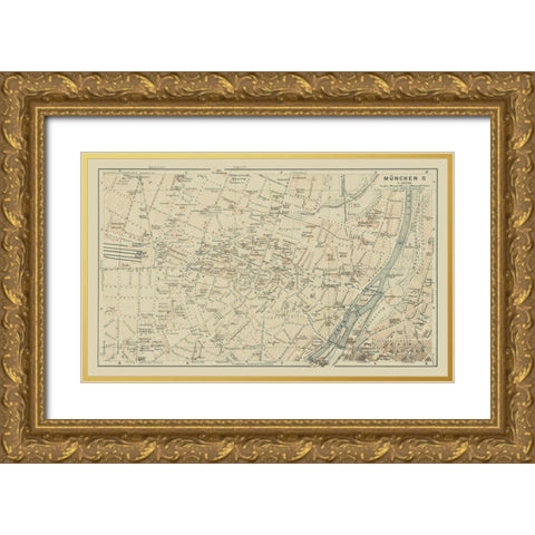 Central Munchen Germany  - Baedeker 1914 Gold Ornate Wood Framed Art Print with Double Matting by Baedeker