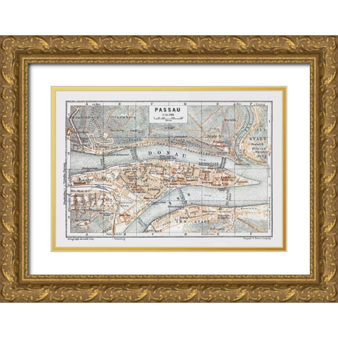 Passau Germany - Baedeker 1914 Gold Ornate Wood Framed Art Print with Double Matting by Baedeker