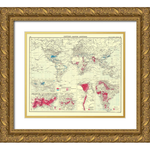 Global Cotton Growing Contries - Bartholomew 1907 Gold Ornate Wood Framed Art Print with Double Matting by Bartholomew