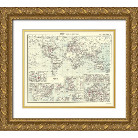 Global Iron Mining Countries - Bartholomew 1907 Gold Ornate Wood Framed Art Print with Double Matting by Bartholomew