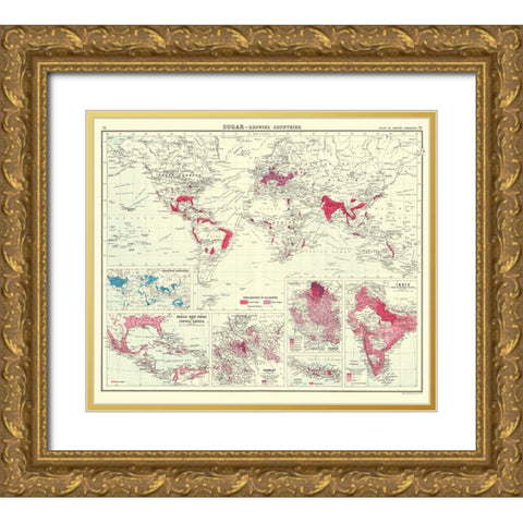 Global Sugar Growing Countries - Bartholomew 1907 Gold Ornate Wood Framed Art Print with Double Matting by Bartholomew