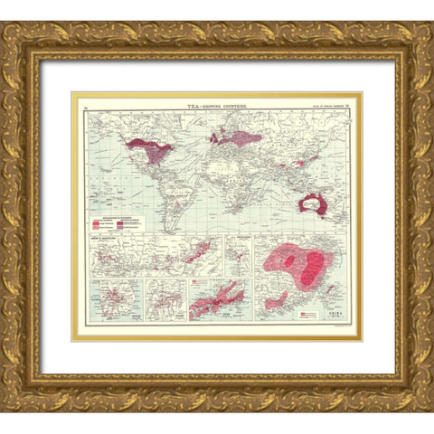 Global Tea Growing Countries - Bartholomew 1907 Gold Ornate Wood Framed Art Print with Double Matting by Bartholomew