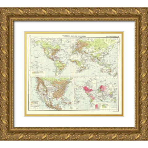 Global Timber Growing Countries - Bartholomew 1907 Gold Ornate Wood Framed Art Print with Double Matting by Bartholomew