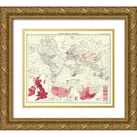 Global Wool Growing Countries - Bartholomew 1907 Gold Ornate Wood Framed Art Print with Double Matting by Bartholomew
