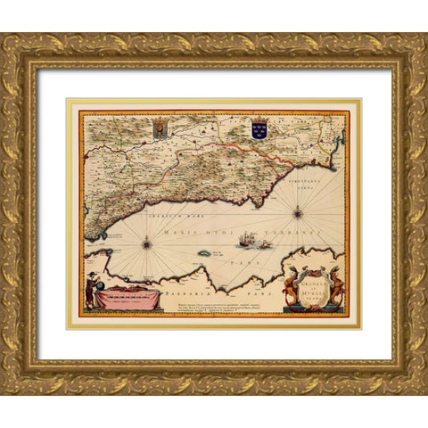 Iberian Peninsula Granada Murcia Spain - Blaeu Gold Ornate Wood Framed Art Print with Double Matting by Blaeu