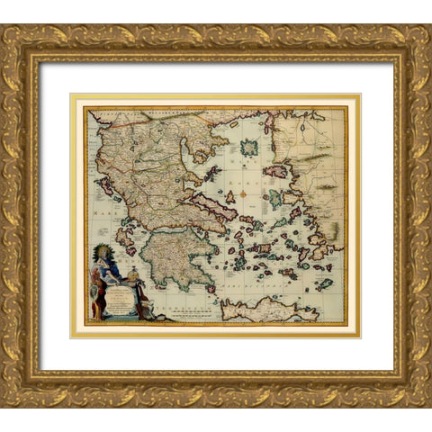 Aegean Sea Crete Greece - Visscher 1681 Gold Ornate Wood Framed Art Print with Double Matting by Visscher