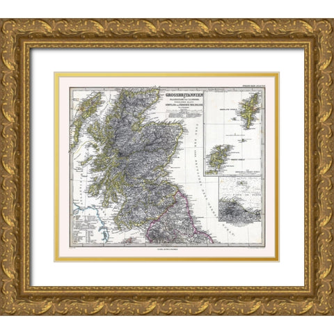 Northern England Scotland - Stieler  1885 Gold Ornate Wood Framed Art Print with Double Matting by Stieler