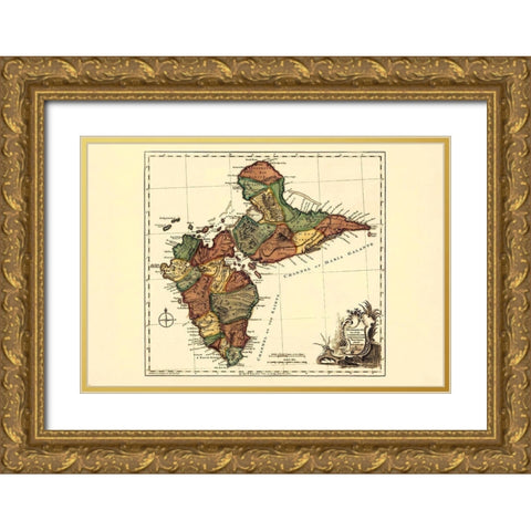 Caribbean Guadeloupe - Jefferys 1775 Gold Ornate Wood Framed Art Print with Double Matting by Jefferys