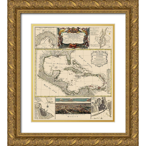 Gulf of Mexico Caribbean - Homann 1817 Gold Ornate Wood Framed Art Print with Double Matting by Homann