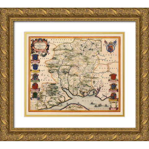 Hampshire County England - Blaeu 1646 Gold Ornate Wood Framed Art Print with Double Matting by Blaeu