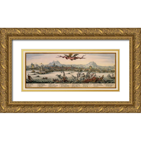 Heraklion Panoramic Greece - Visscher 1680 Gold Ornate Wood Framed Art Print with Double Matting by Visscher
