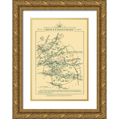Hertfordshire County England - Cary 1792 Gold Ornate Wood Framed Art Print with Double Matting by Cary