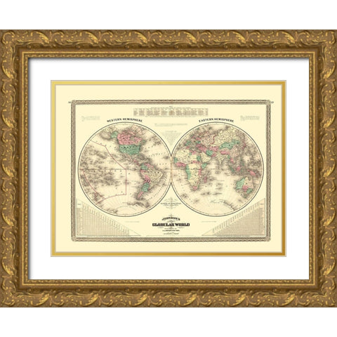 Western Eastern Hemisphere - Johnson 1870 Gold Ornate Wood Framed Art Print with Double Matting by Johnson