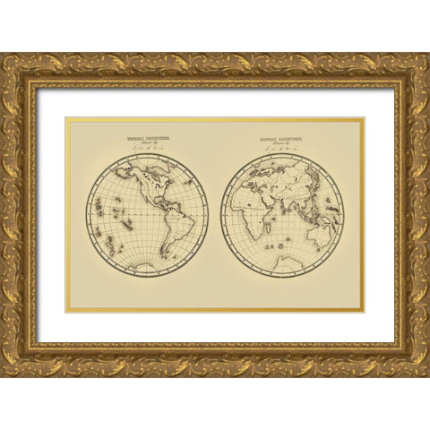 Western Hemisphere Eastern Hemisphere - Fitch 1850 Gold Ornate Wood Framed Art Print with Double Matting by Fitch