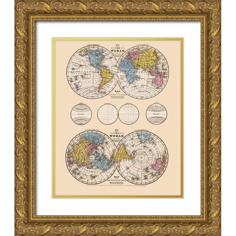 Hemispheres Equatorial Polar Projections - Mit Gold Ornate Wood Framed Art Print with Double Matting by Mitchell