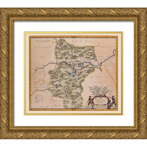 Hubei Province China - Blaeu 1655 Gold Ornate Wood Framed Art Print with Double Matting by Blaeu