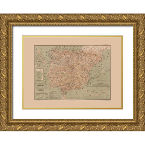 Iberian Peninsula Portugal Spain - Valverde 1880 Gold Ornate Wood Framed Art Print with Double Matting by Valverde